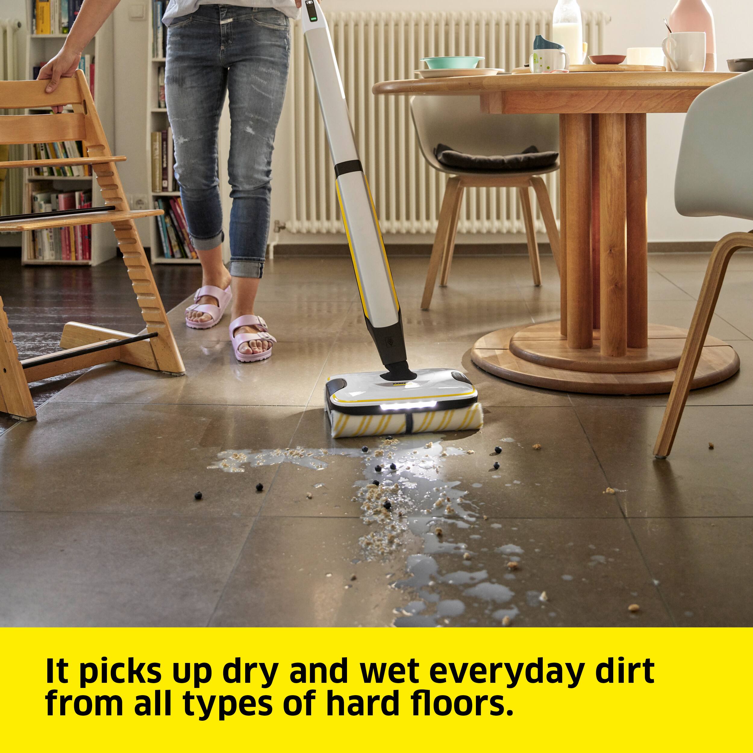 It picks up dry and wet everyday dirt from all types of hard floors.