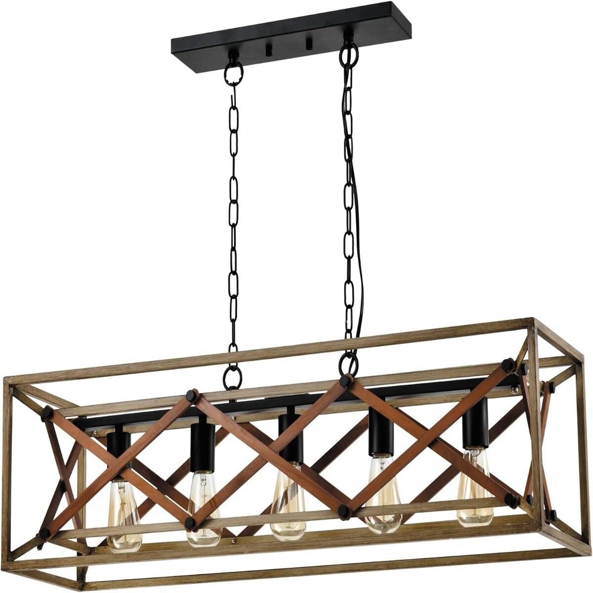 Alt View 4. Loheer - Loheer 5-Light Kitchen Island Chandelier, Black and Wood Farmhouse Pendant Light.