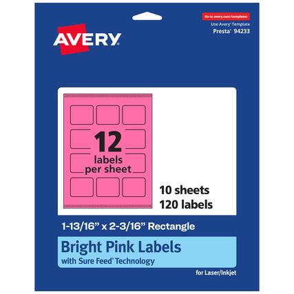 Go to avery.com/templates
AVERY
Use Avery Template Presta® 94233
12 labels per sheet
10 sheets
120 labels
1-13/16" x 2-3/16" Rectangle
Bright Pink Labels with Sure Feed Technology for Laser/Inkjet