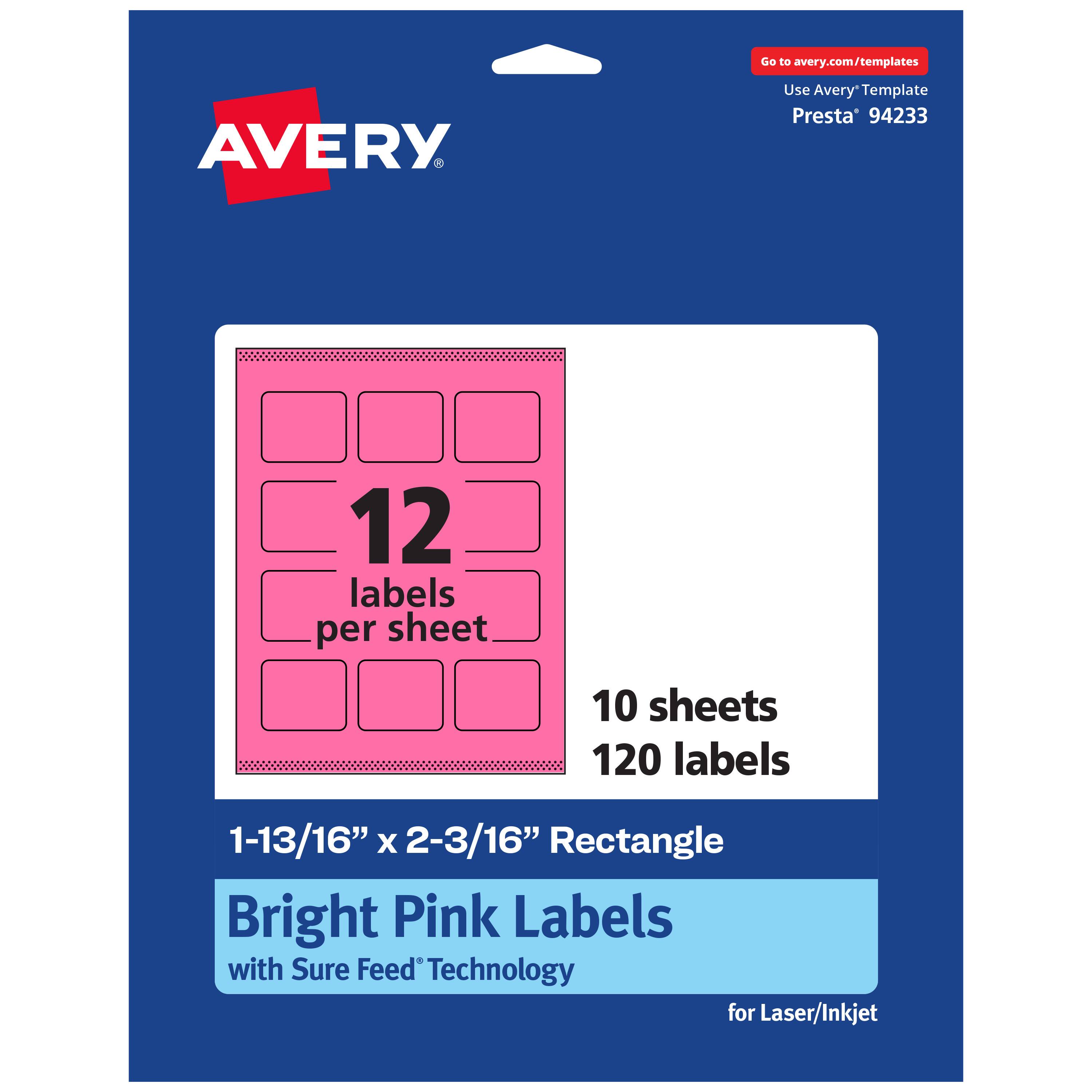 Go to avery.com/templates  
AVERY  
Use Avery Template Presta® 94233  
12 labels per sheet  
10 sheets  
120 labels  
1-13/16" x 2-3/16" Rectangle  
Bright Pink Labels with Sure Feed Technology for Laser/Inkjet