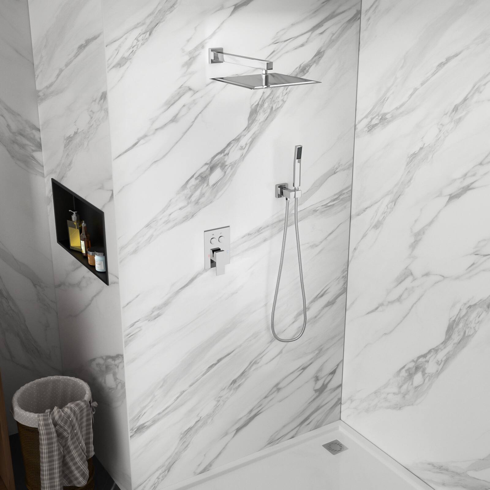 Back. Lordear - Dual Shower Head - 10 Inch Wall Mounted Square Shower System with Rough-in Valve,Chrome - Chrome.