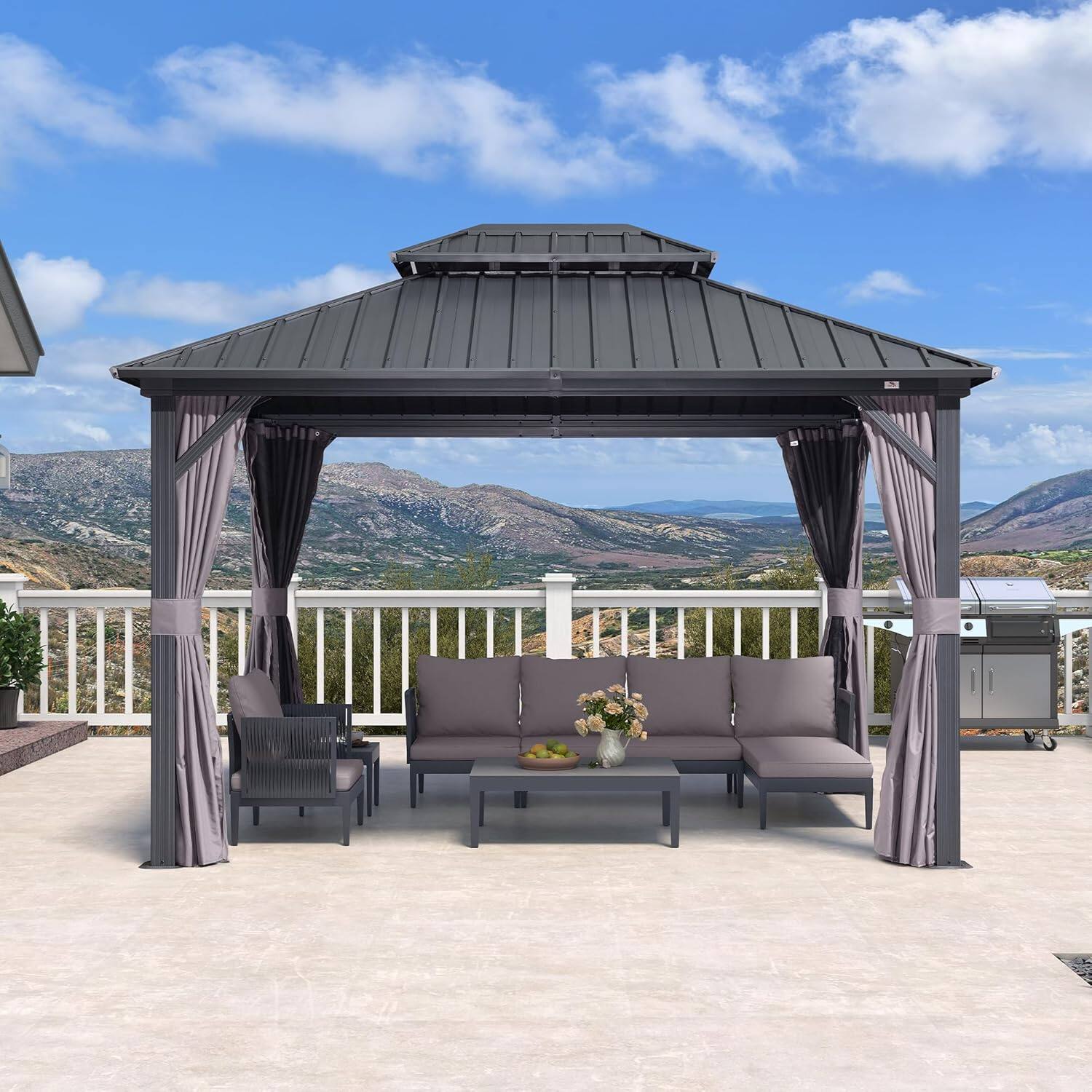 Alt View 2. PURPLE LEAF - 10 X 12 FT Outdoor Aluminum Hardtop Gazebo with Galvanized Steel Double Roof for Patio Deck with Netting and Curtains - 10' X 12'.