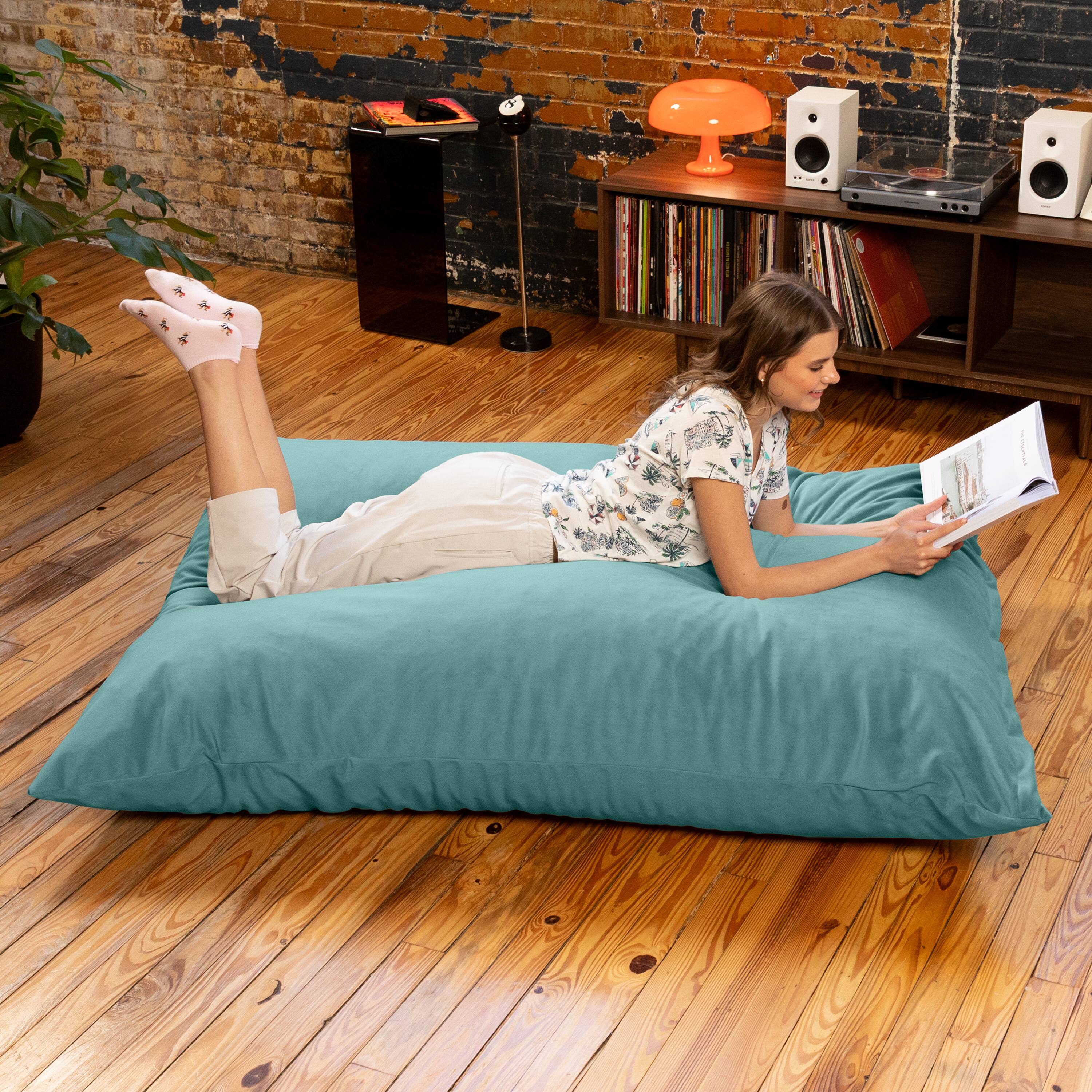 Alt View 1. Jaxx - Pillow Saxx Dream Lounger with Wood Frame - 3-in-1 Bean Bag Accent Chair, Recliner & Sleeper, Lush Velvet Turquoise - Lush Velvet Turquoise.