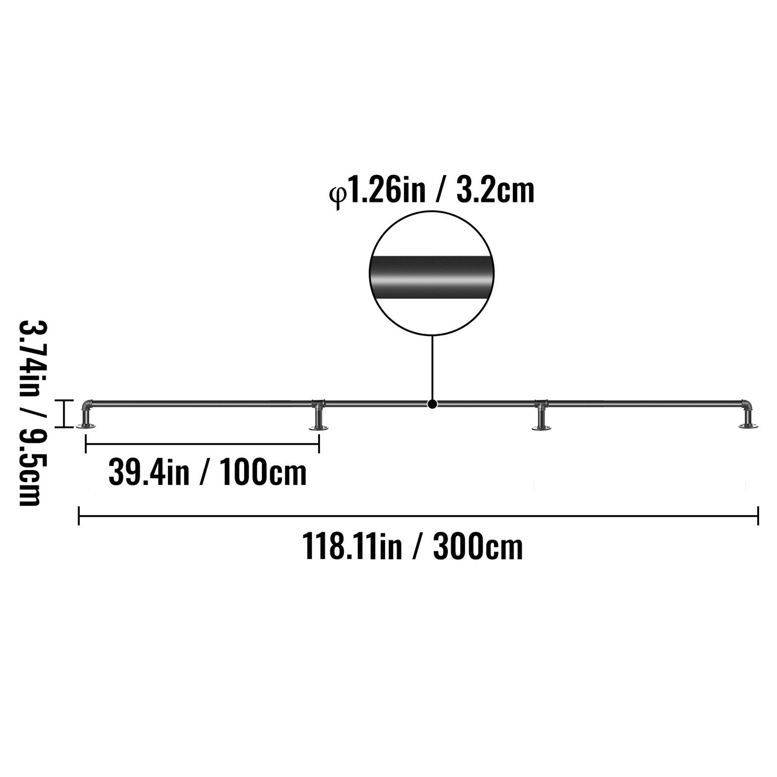 1.26in / 3.2cm, 3.74in / 9.5cm, 39.4in / 100cm, 118.11in / 300cm