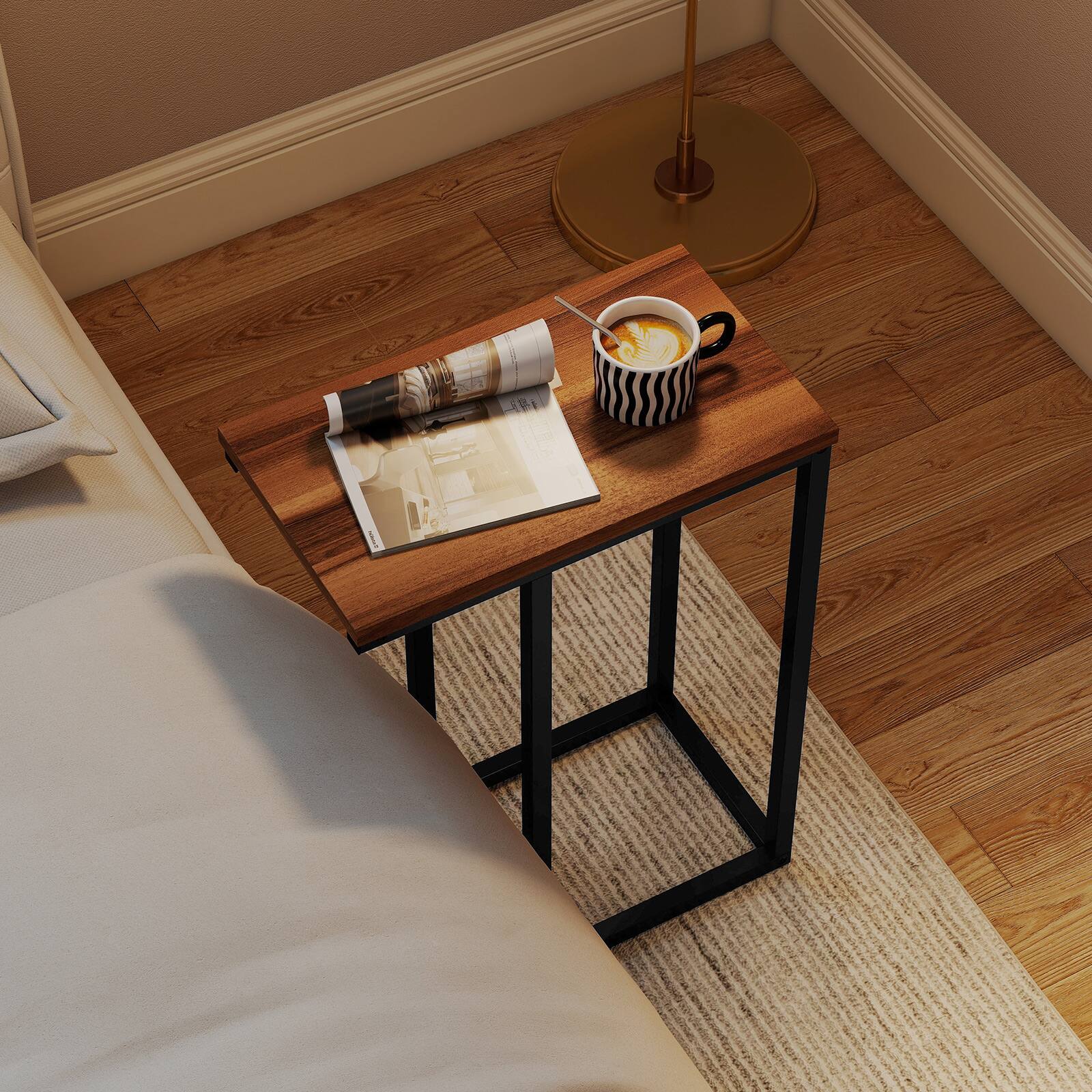 Alt View 4. Gymax - Gymax C-shaped End Table w/Adjustable Foot Pads Small Snack Table for Living Room Rustic Brown - Brown.