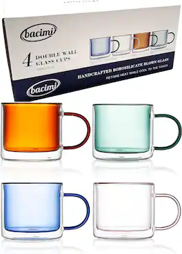 Bacimi - Double Wall Insulated Coffee Mugs Set of 4 / 9oz Clear Borosilicate Mug W/Handle Cups For Cappuccino, Latte, Tea - Multicolor