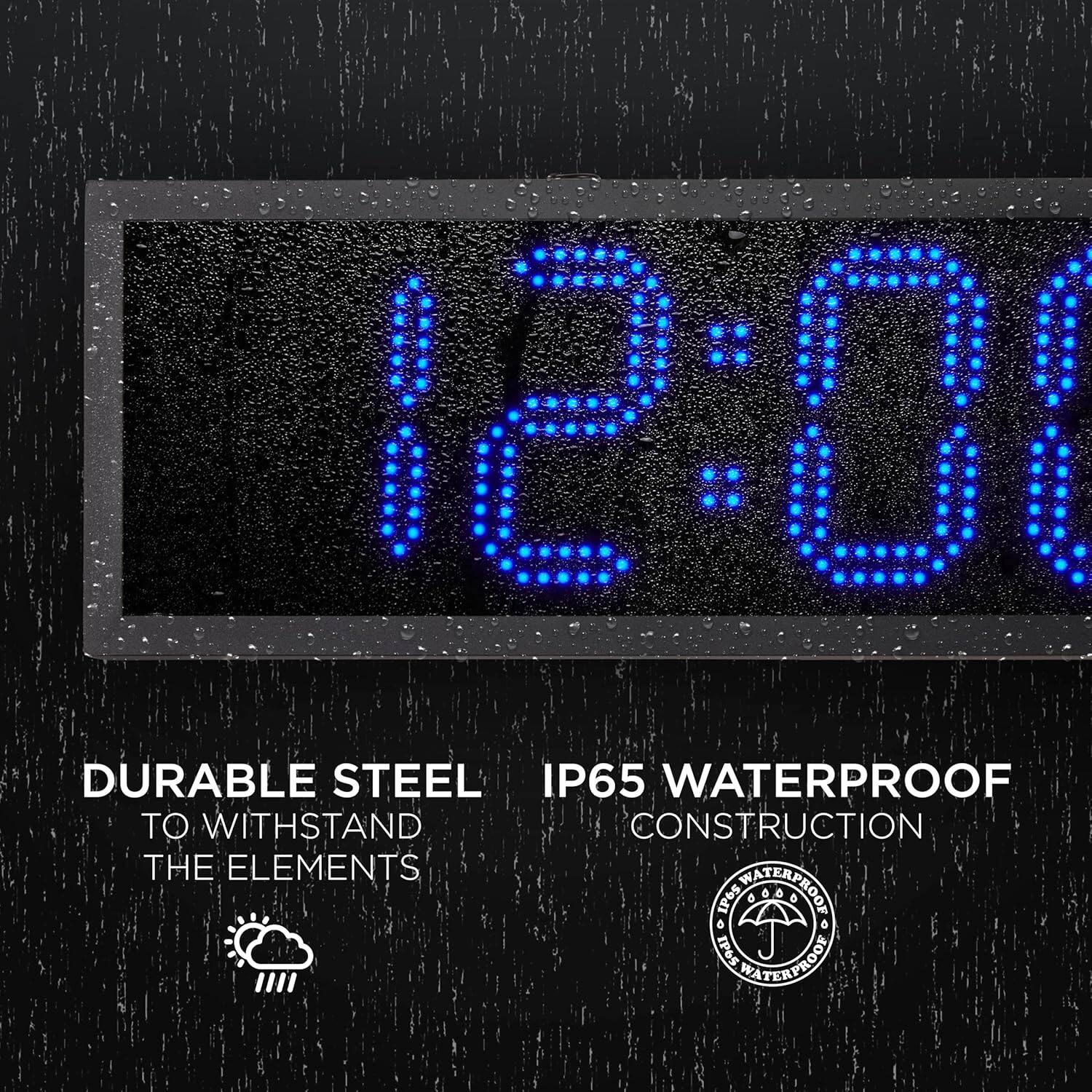 12:01, DURABLE STEEL, IP65 WATERPROOF, TO WITHSTAND THE ELEMENTS, IP65 WATERPROOF