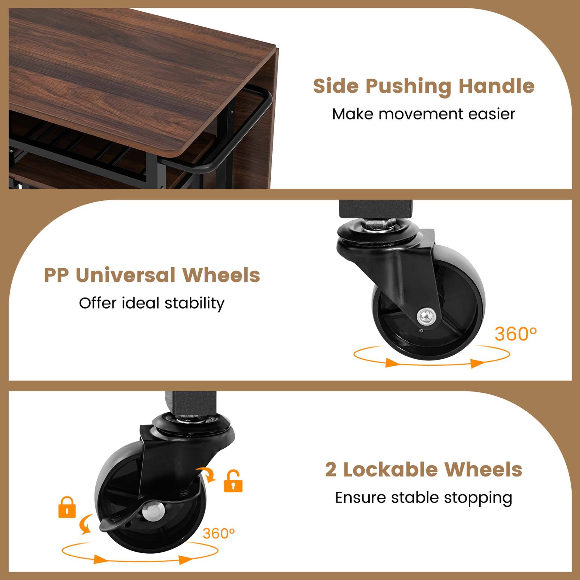 The image features a wooden table with a side pushing handle and two lockable wheels. The side pushing handle makes movement easier, while the universal wheels offer ideal stability. The 360-degree rotation of the wheels ensures stable stopping, making it a versatile and practical piece of furniture.