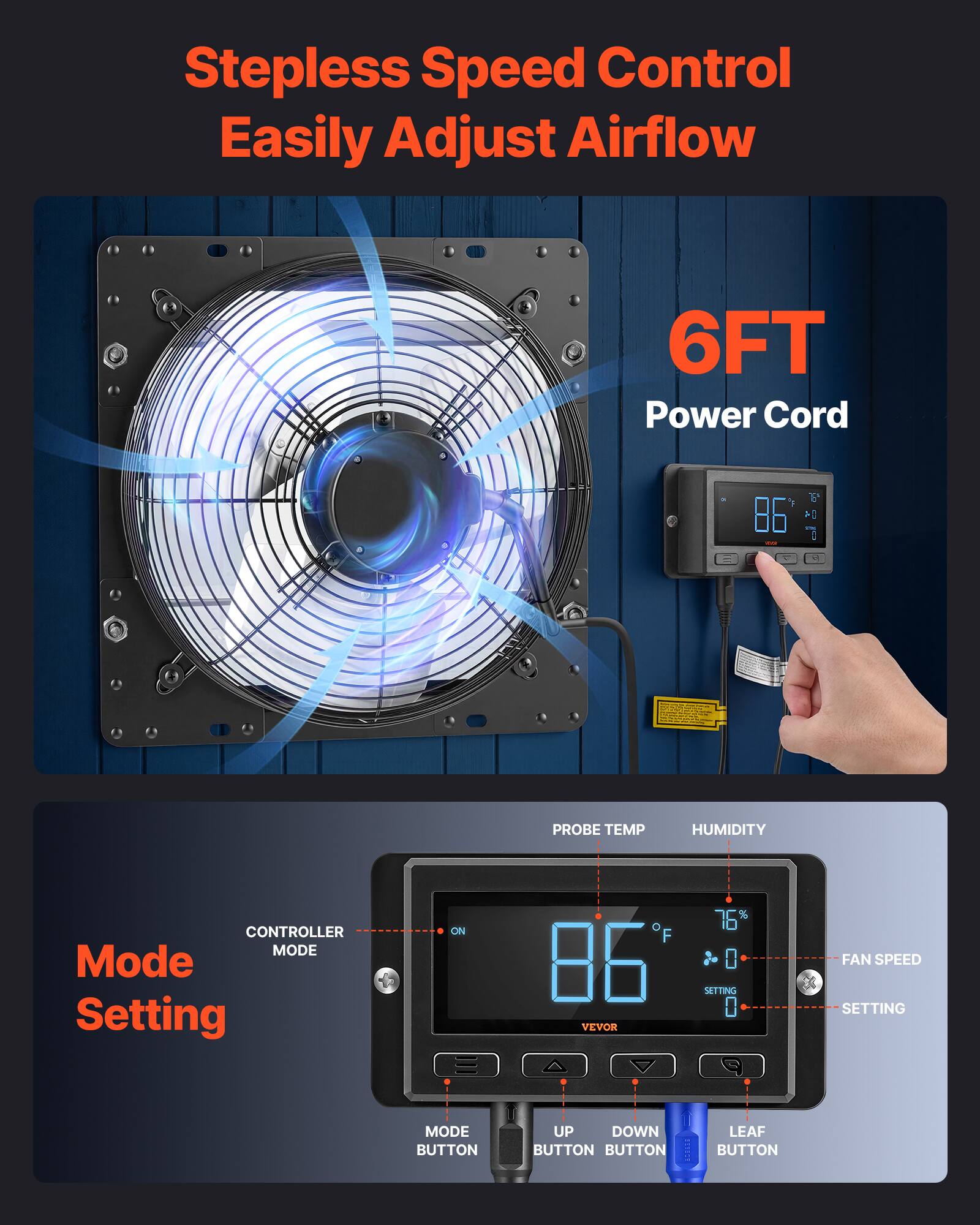 Stepless Speed Control Easily Adjust Airflow  
6FT Power Cord  
PROBE TEMP HUMIDITY CONTROLLER MODE  
Mode Setting ON  
VEVOR  
76%  
FAN SPEED SETTING  
MODE BUTTON  
UP BUTTON  
DOWN BUTTON  
LEAF BUTTON