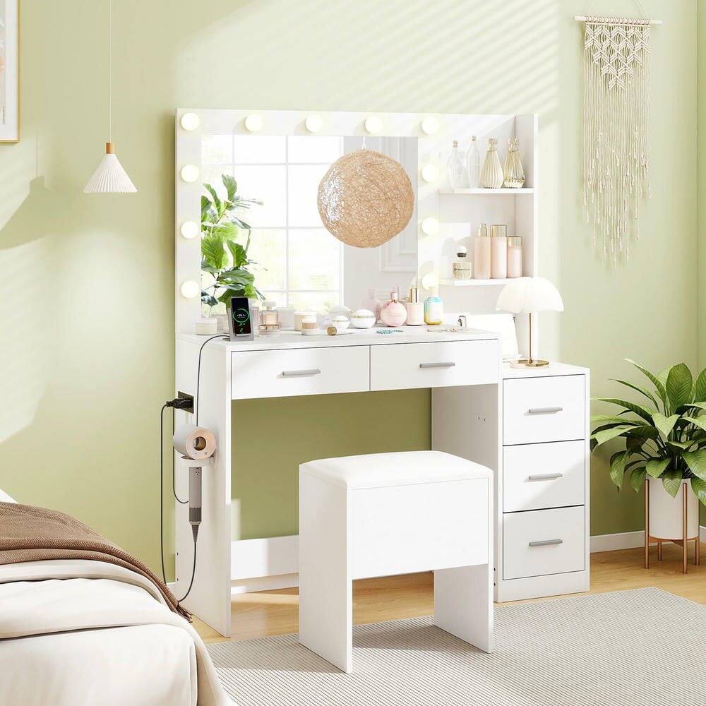 Alt View 4. Kadyn - Makeup Vanity Set - Dressing Table, Cushioned Stool, Hair Dryer Stand - White - White.