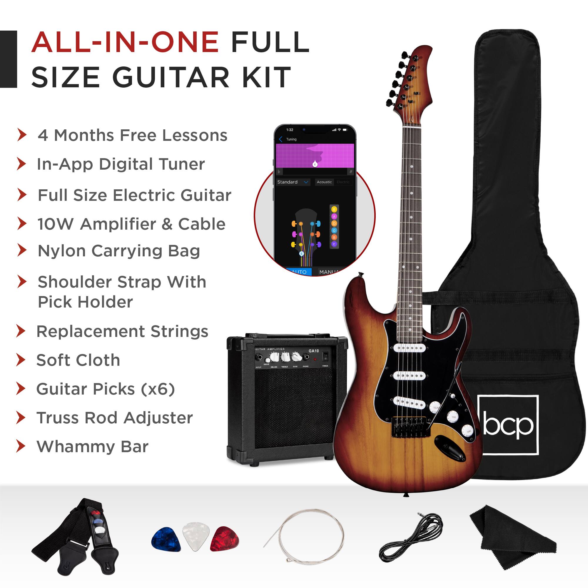 ALL-IN-ONE FULL SIZE GUITAR KIT

- 4 Months Free Lessons
- In-App Digital Tuner
- Full Size Electric Guitar
- 10W Amplifier & Cable
- Nylon Carrying Bag
- Shoulder Strap With Pick Holder
- Replacement Strings
- Soft Cloth
- Guitar Picks (x6)
- Truss Rod Adjuster
- Whammy Bar
