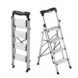 VEVOR - 4 Step Ladder, Folding Step Stool with Wide Anti-Slip Pedal and Comfort Handgrip, 330 lbs Capacity Portable Aluminum - Silver