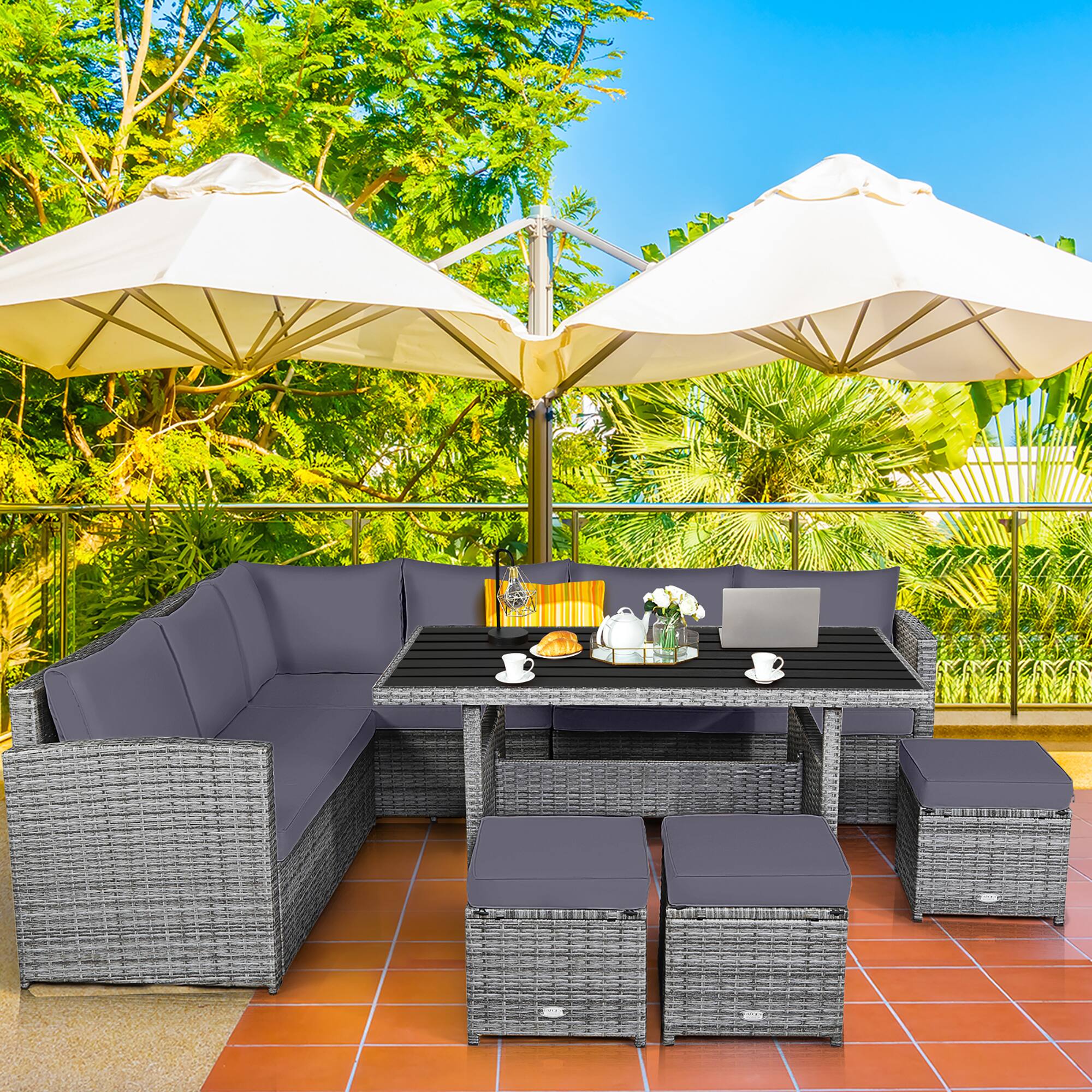Alt View 3. Costway - 7 PCS Patio Rattan Dining Set Sectional Sofa Couch Ottoman Garden - Gray.