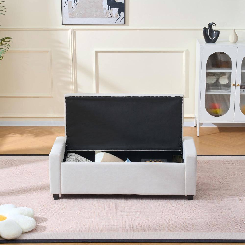 Alt View 1. PDTEND - 48" Beige Faux Linen Upholstered Storage Ottoman with Arms for Bedroom,Living Room, Entryway - Beige.