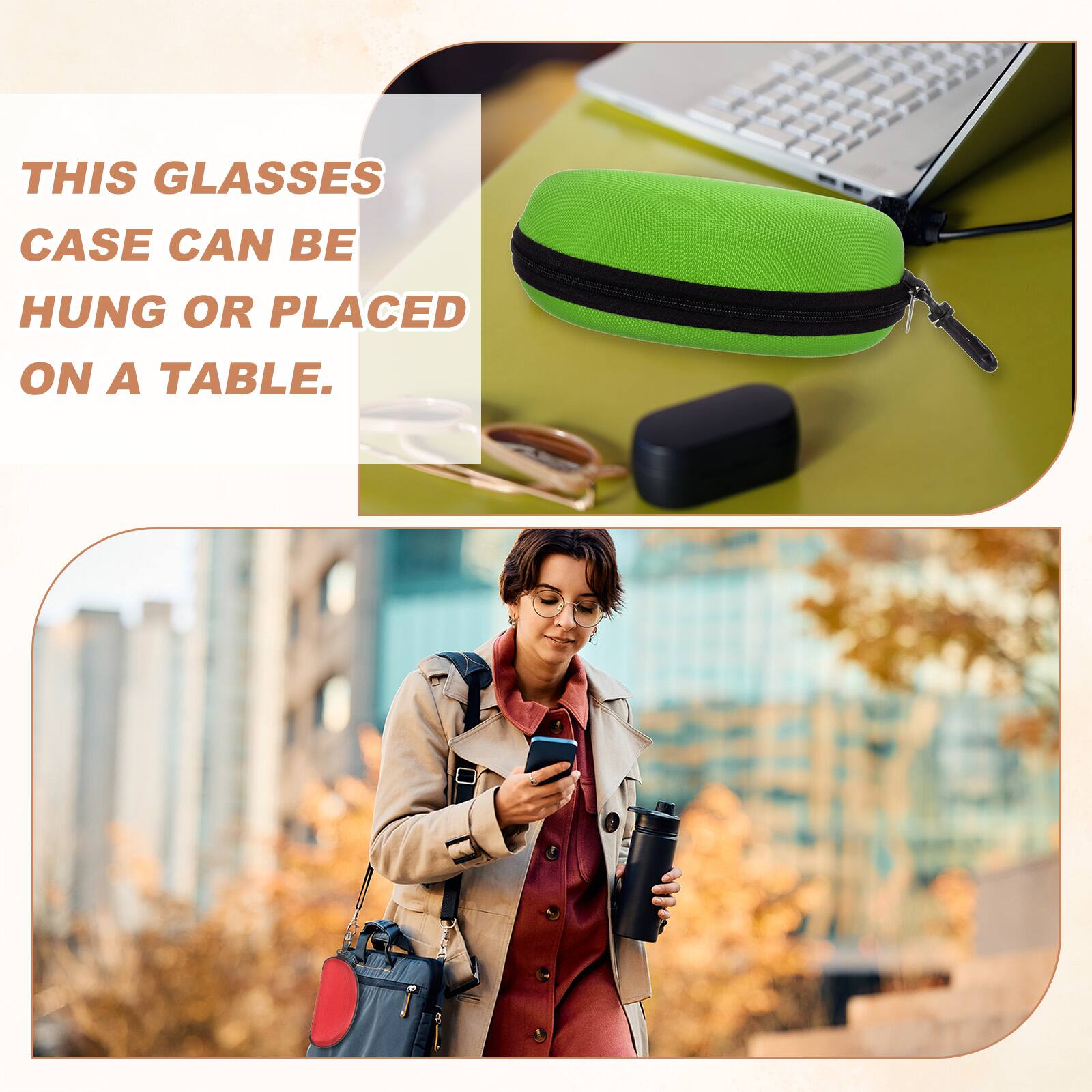 This glasses case can be hung or placed on a table.