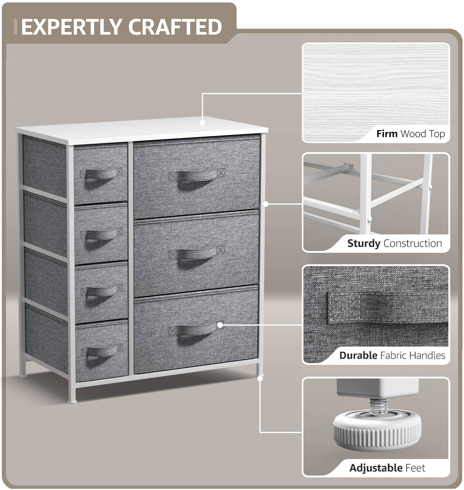 EXPERTLY CRAFTED

- Firm Wood Top
- Sturdy Construction
- Durable Fabric Handles
- Adjustable Feet