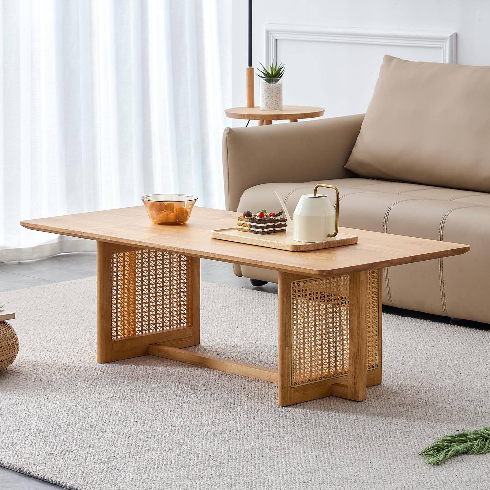 Alt View 1. Ecooso - Chinese style log wind Imitation rattan tea table rectangular solid wood coffee  table small family living room - Natural.