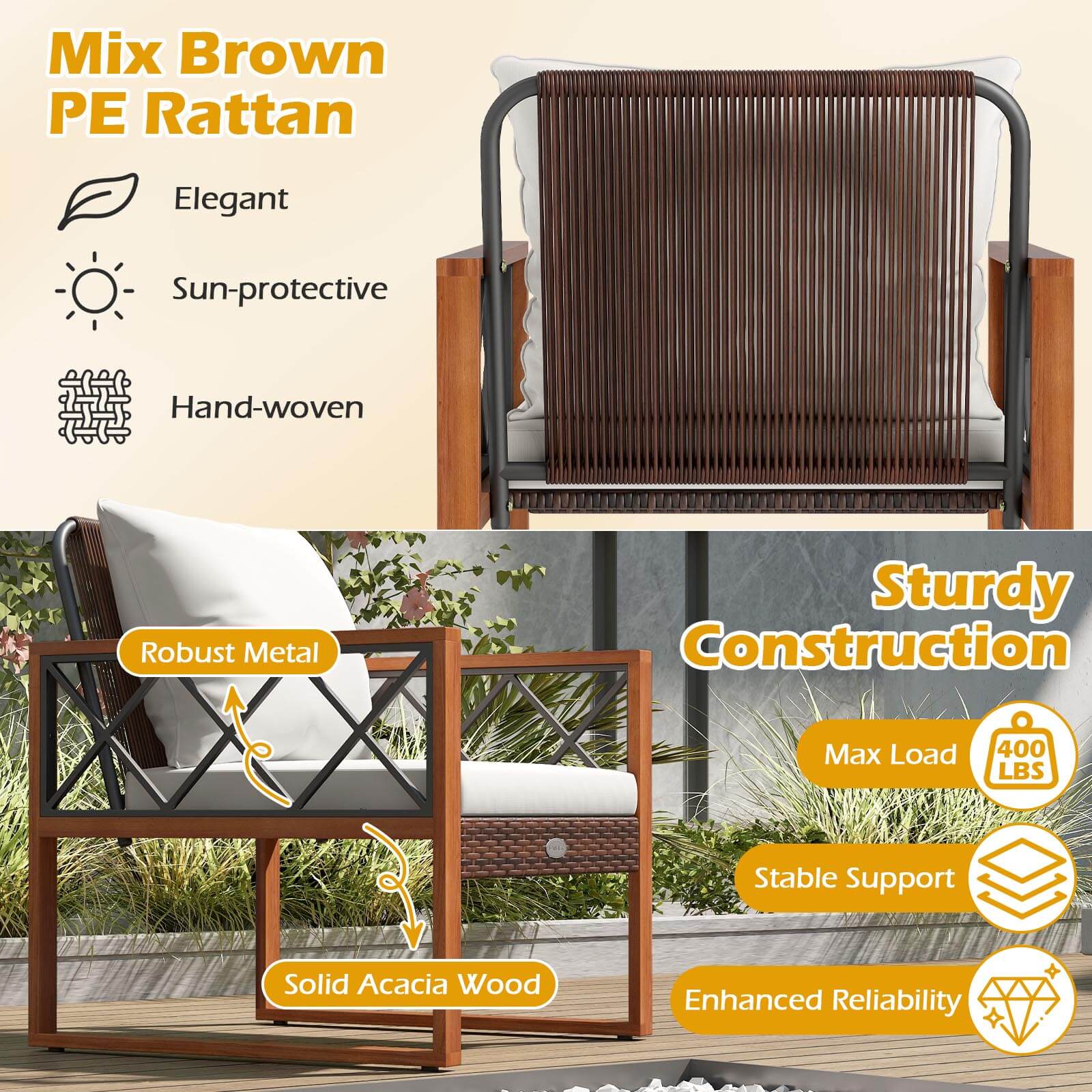 Mix Brown PE Rattan  
- Elegant  
- Sun-protective  
- Hand-woven  

Sturdy Construction  
- Robust Metal  
- Solid Acacia Wood  
- Max Load 400 LBS  
- Stable Support  
- Enhanced Reliability
