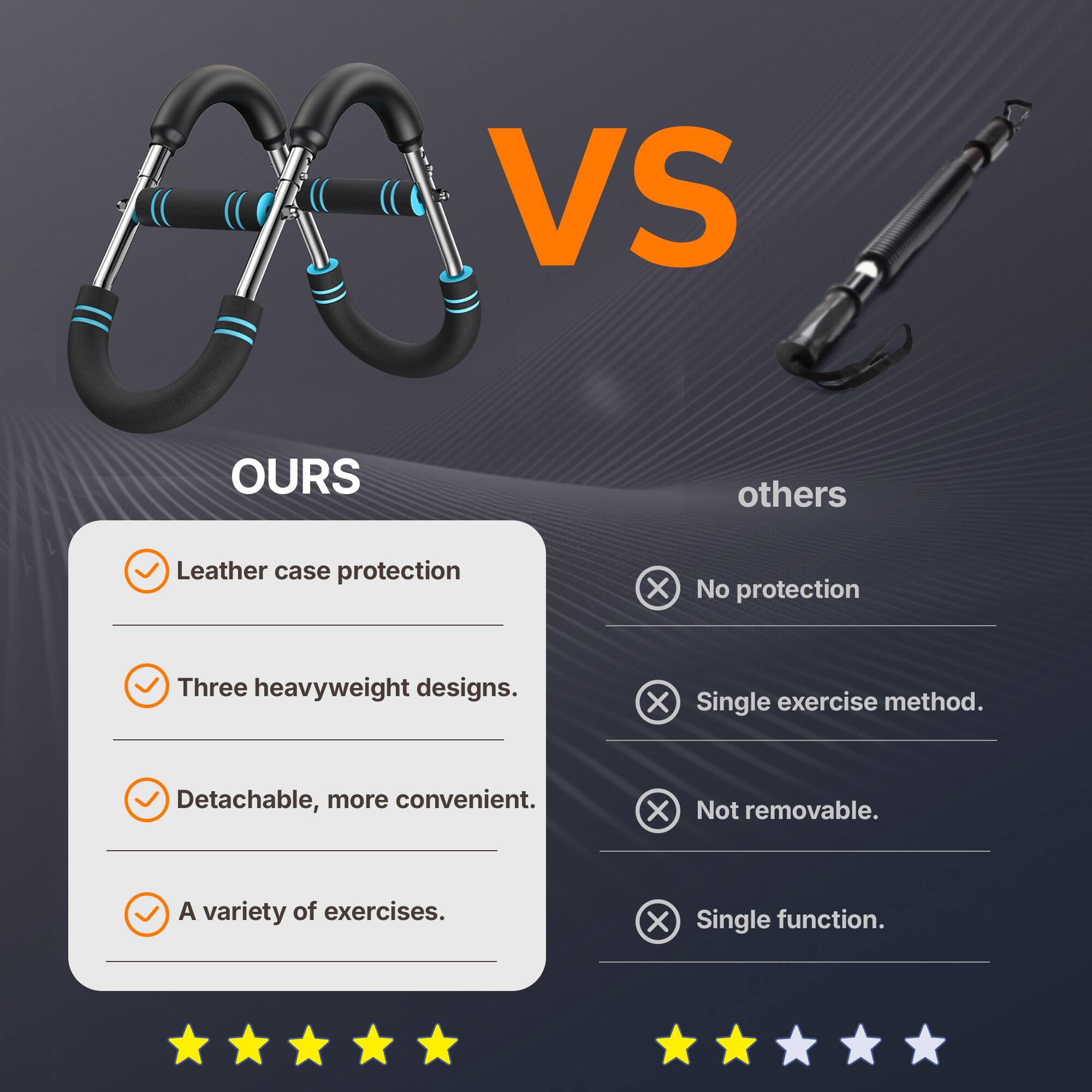 **OURS**

- Leather case protection
- Three heavyweight designs
- Detachable, more convenient
- A variety of exercises

**others**

- No protection
- Single exercise method
- Not removable
- Single function