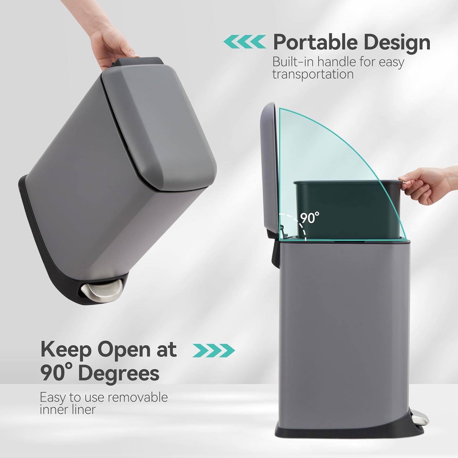 Portable Design  
Built-in handle for easy transportation  

Keep Open at 90° Degrees  
Easy to use removable inner liner