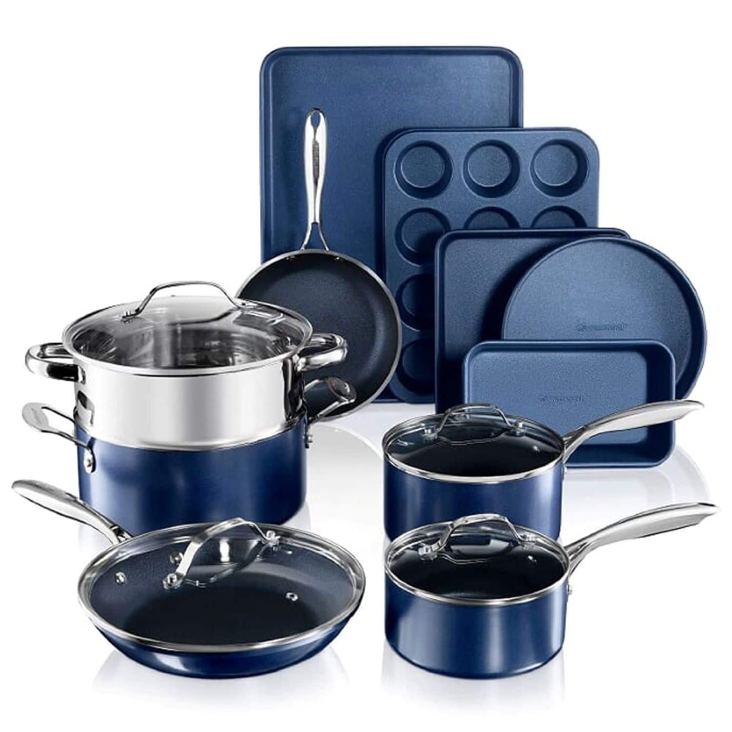 Front. Granitestone - 15-Piece Non Stick Aluminum Cookware Set - Blue.