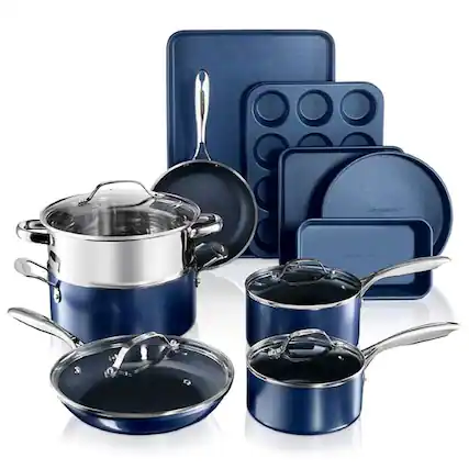 Front. Granitestone - 15-Piece Non Stick Aluminum Cookware Set - Blue.
