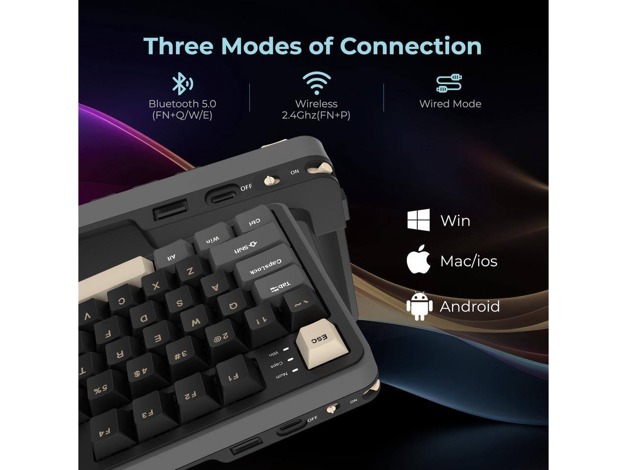 Three Modes of Connection

Bluetooth 5.0 (FN+Q/W/E)
Wireless 2.4Ghz (FN+P)
Wired Mode

Win
Mac/ios
Android