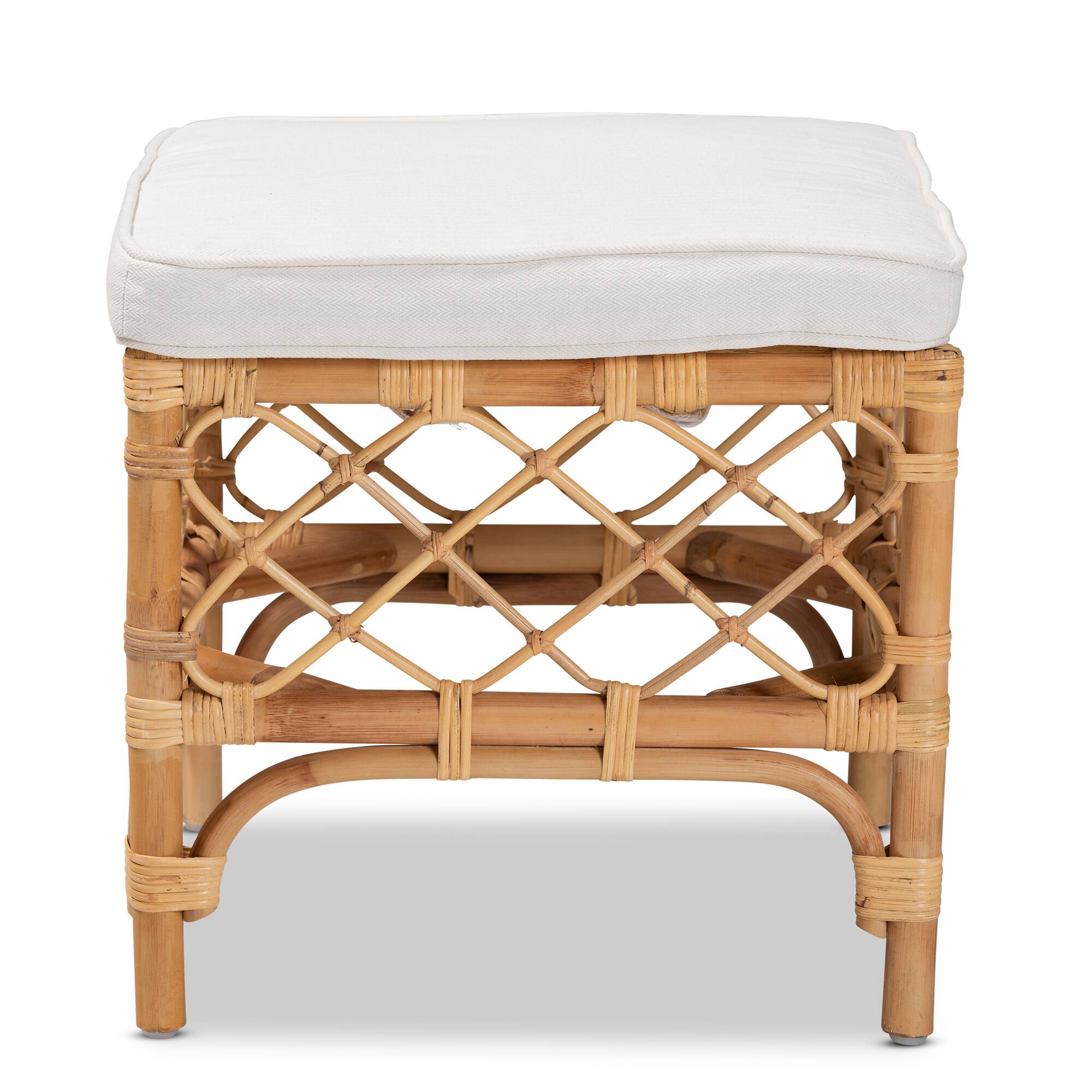 Angle. bali & pari - Orchard Modern Bohemian Fabric Upholstered and Natural Brown Rattan Ottoman - White/Natural Brown.