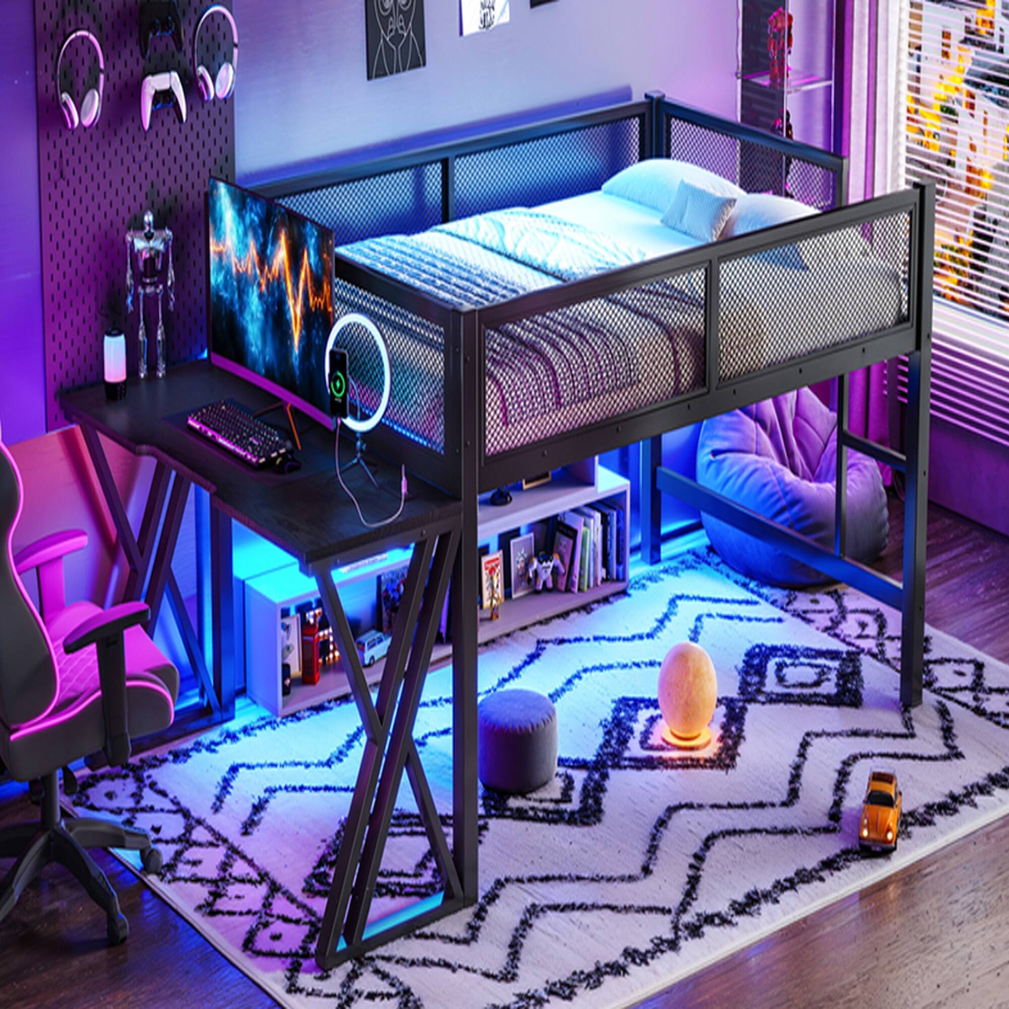 Alt View 1. Boyel Living - Full Size Gaming Loft Bed with Desk of X Shaped Leg LED Lights USB Ports Staircase - Black.