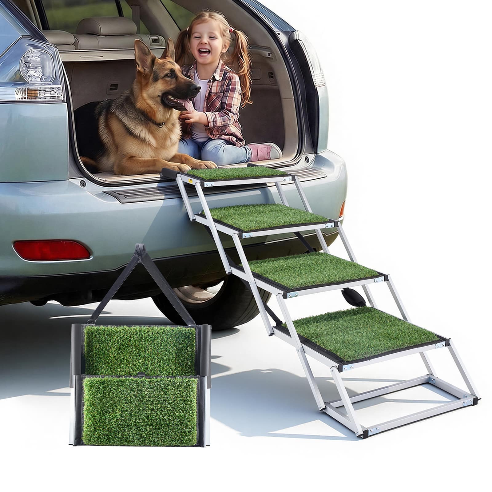 VEVOR - Dog Stairs for Car, 4 Steps Extra Wide Foldable Dog Ramp for Large Dogs with Non-Slip Surface, Portable Lightweight - Silver;Green price history on PriceWatchPro