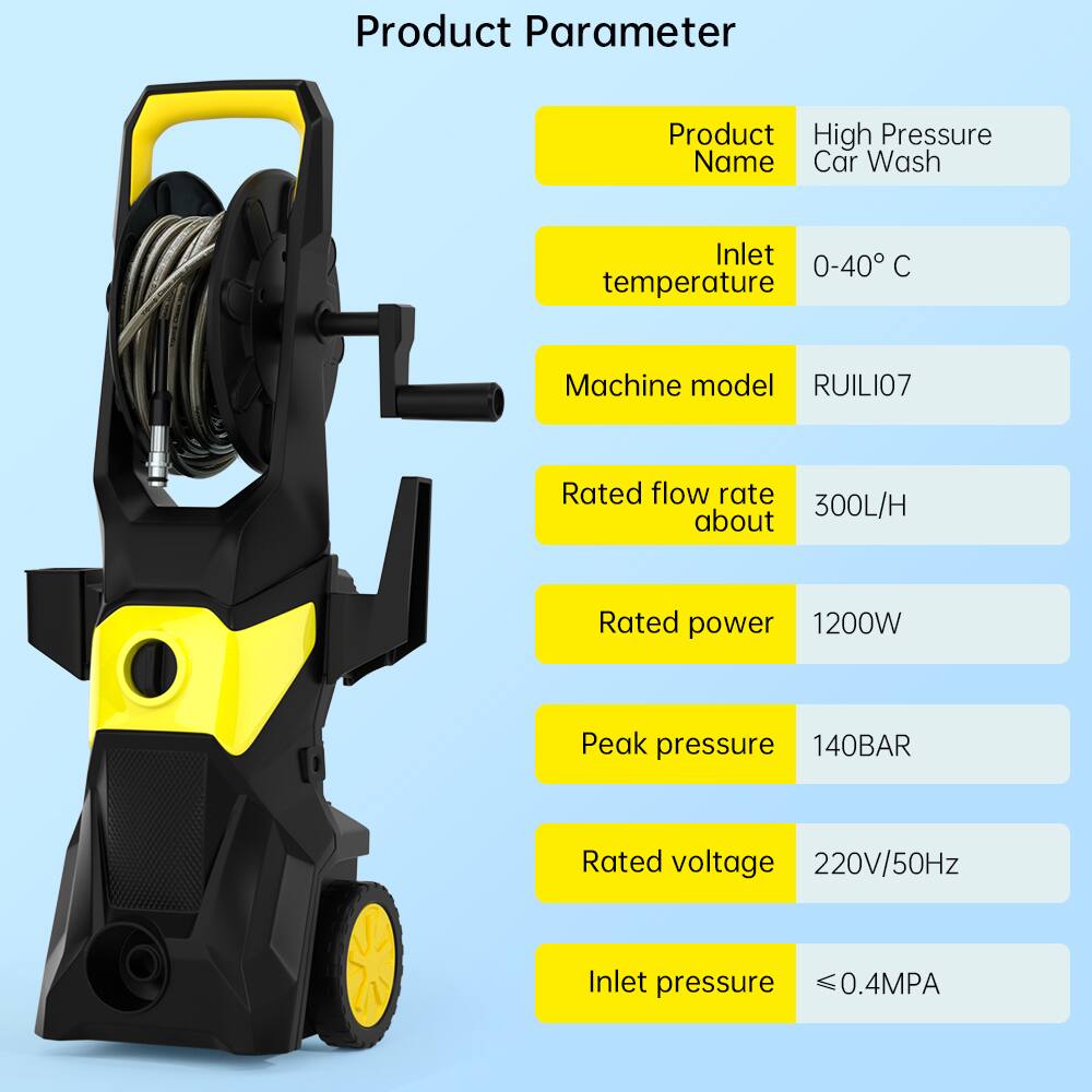 Product Parameter

- Product Name: High Pressure Car Wash
- Inlet temperature: 0-40°C
- Machine model: RUILI07
- Rated flow rate about: 300L/H
- Rated power: 1200W
- Peak pressure: 140BAR
- Rated voltage: 220V/50Hz
- Inlet pressure: ≤0.4MPA