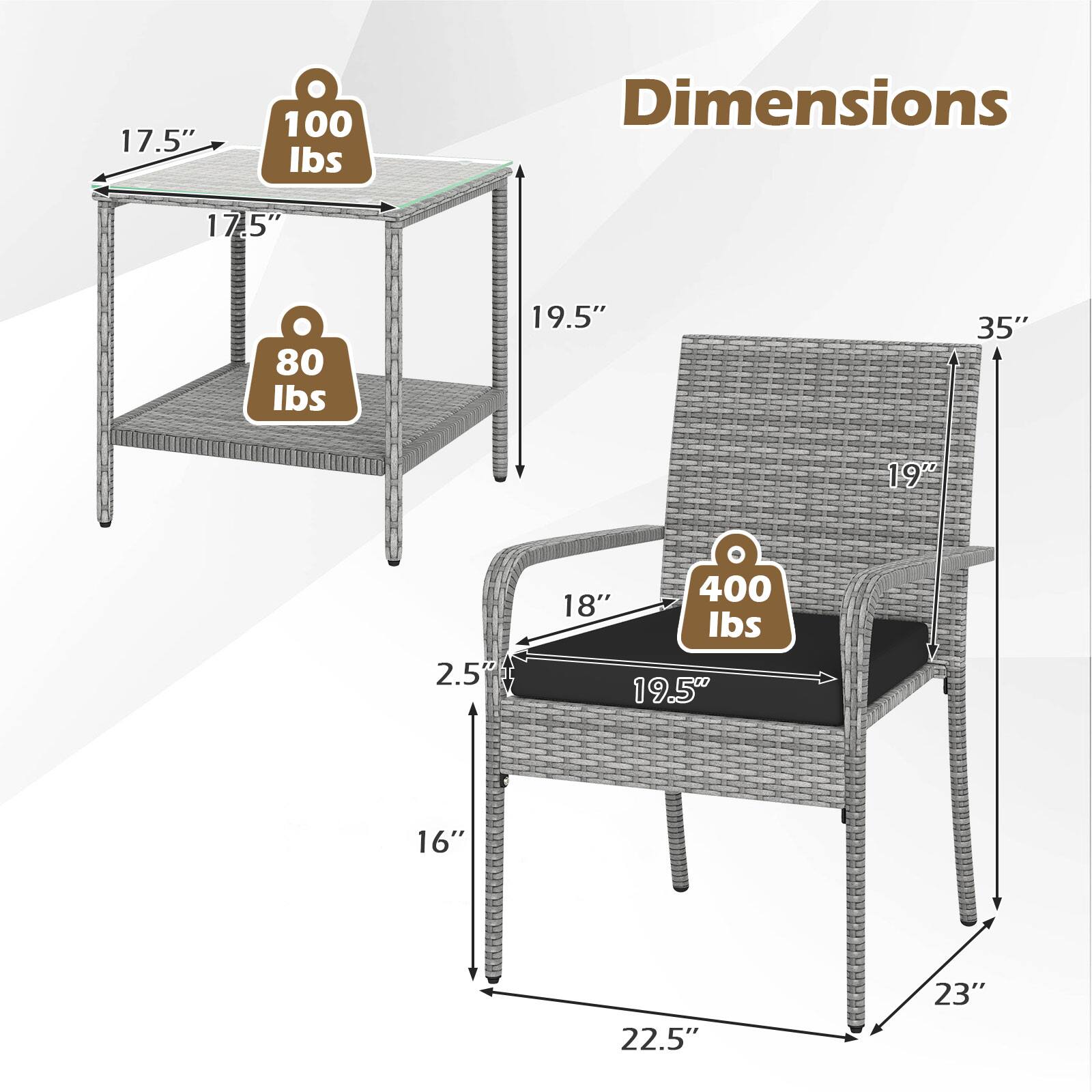 17.5" x 17.5"  
100 lbs  

19.5" x 19"  
80 lbs  

19.5" x 18" x 22.5" x 23"  
400 lbs  

Dimensions:  
17.5" x 19.5" x 35" x 16" x 2.5"