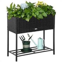 Outsunny - Raised Garden Bed, Elevated Planter Box with Rattan Wicker Look, Tool Storage Shelf, Portable Design for Herbs - Black