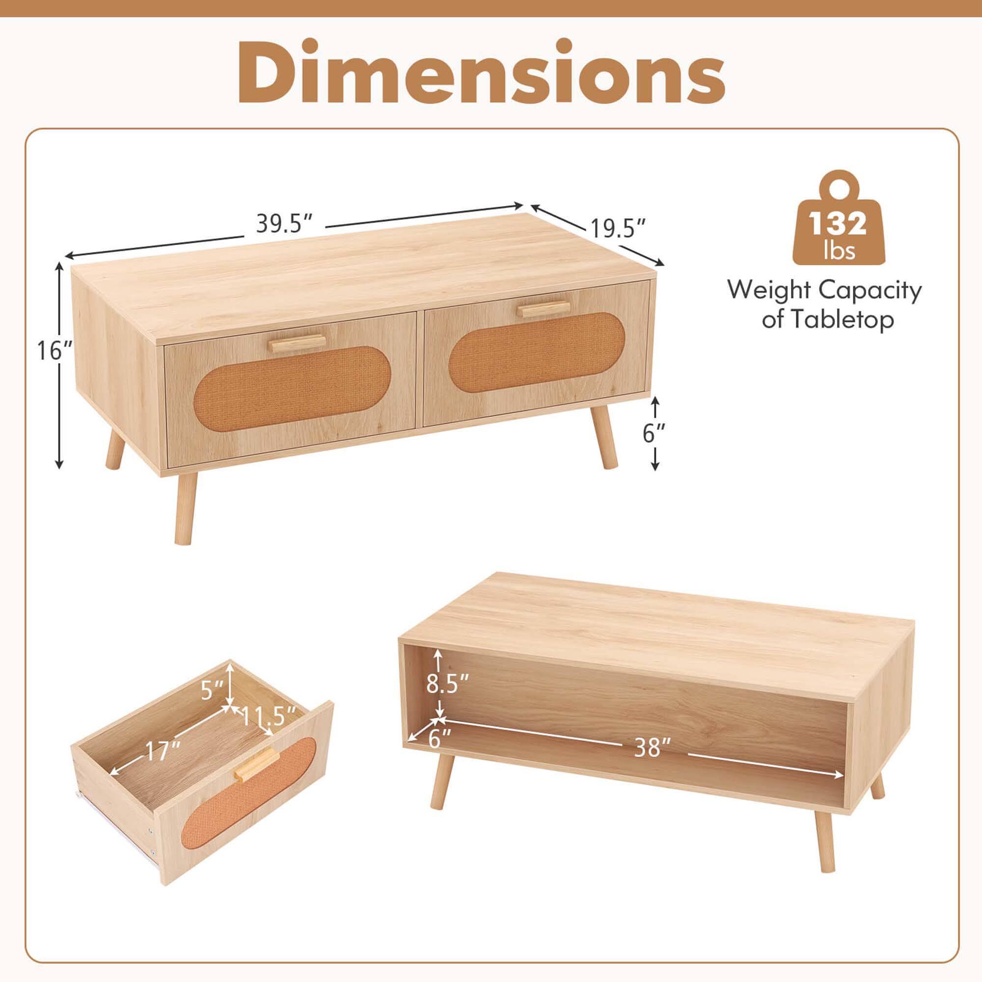 Dimensions  
16" x 39.5" x 19.5"  
Weight Capacity of Tabletop: 132 lbs  
6" x 17" x 5" x 1.5" x 8.5" x 6" x 38"