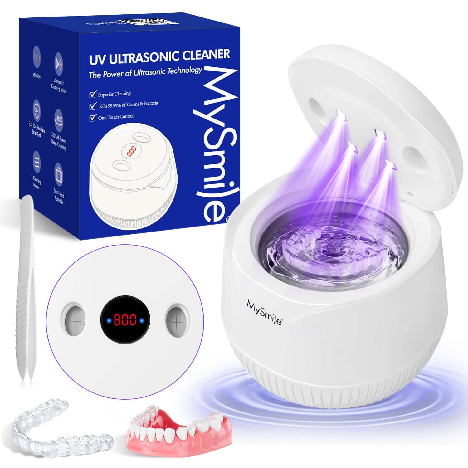 MySmile - Ultrasonic Retainer Cleaner Machine, 200 mL, 45kHz with Digital Timer for Denture, Aligners, Mouth Guard, & Jewelry