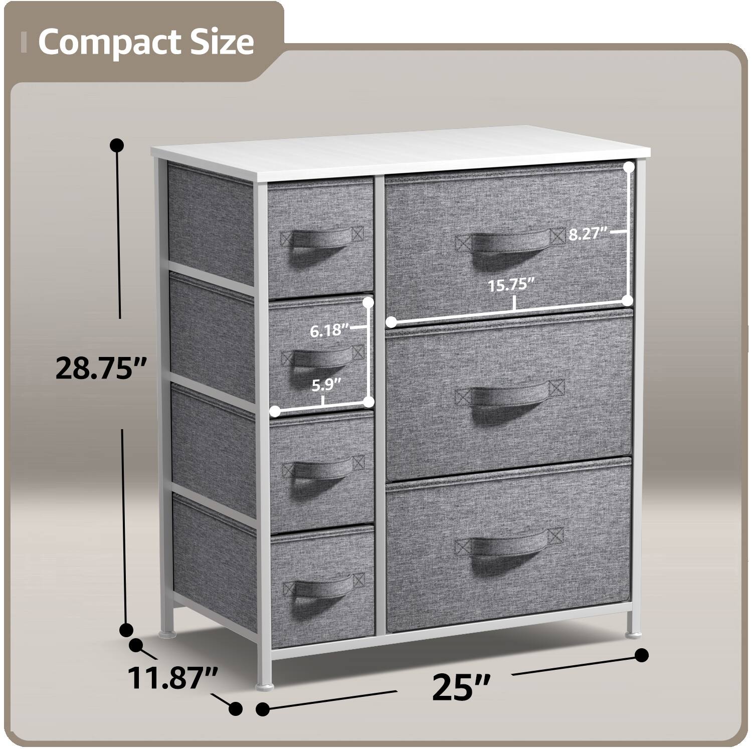 Compact Size

- Height: 28.75"
- Width: 25"
- Depth: 11.87"
- Drawer Height: 5.9"
- Drawer Width: 15.75"
- Drawer Depth: 8.27"