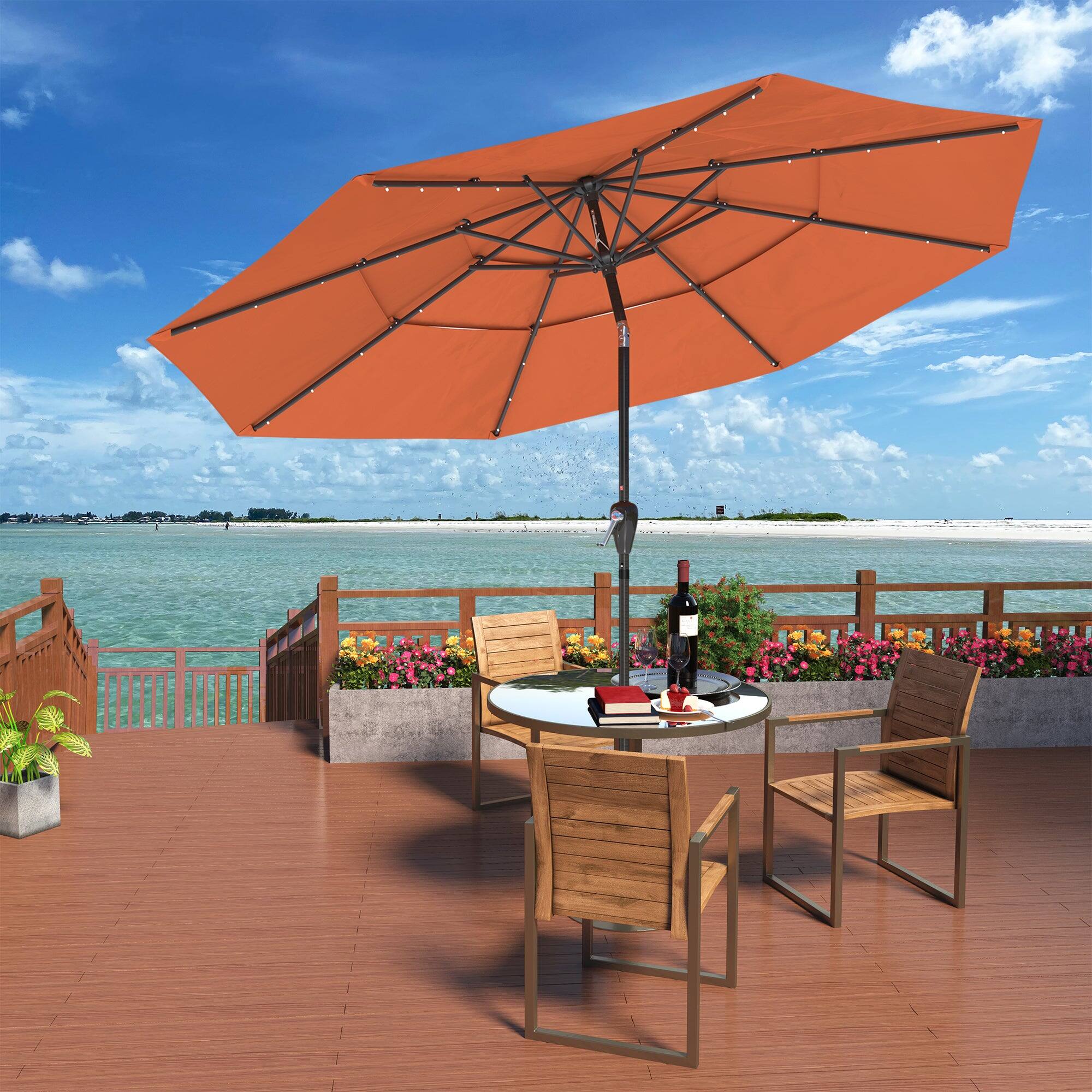 Alt View 3. Boyel Living - 11 ft. Aluminum Triple Top Vented Designed Tilt Outdoor Market Patio Umbrella with LED Lights in Orange - Orange.