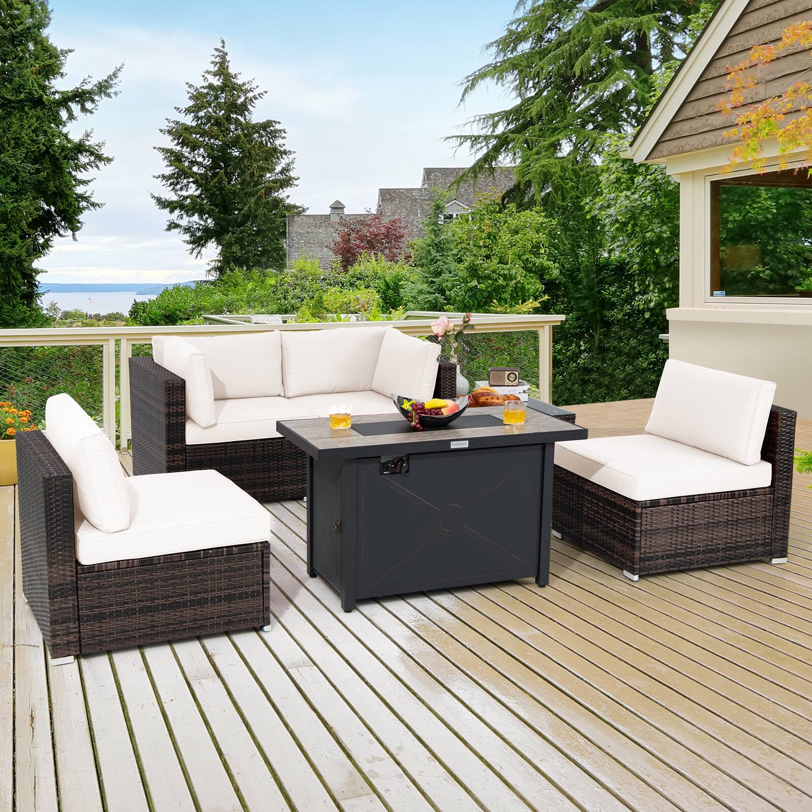 Alt View 1. Costway - Costway 6PCS Patio Furniture Set Rattan Cushioned Gas Fire Pit Table - Off White.