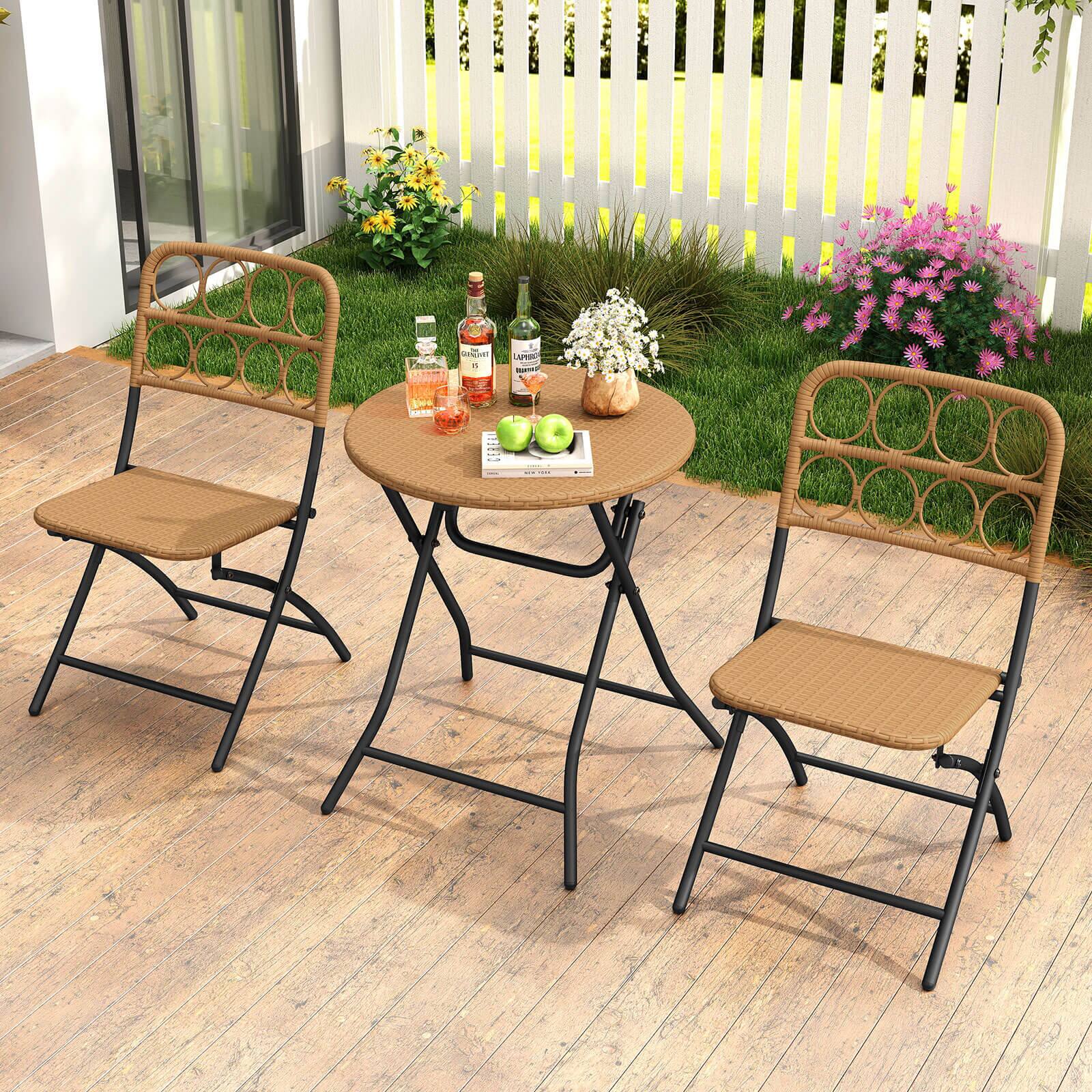 Alt View 3. Costway - Costway 3 PCS Patio Bistro Set with Wicker Seat & Tabletop for Backyard, Garden, Balcony - Brown.