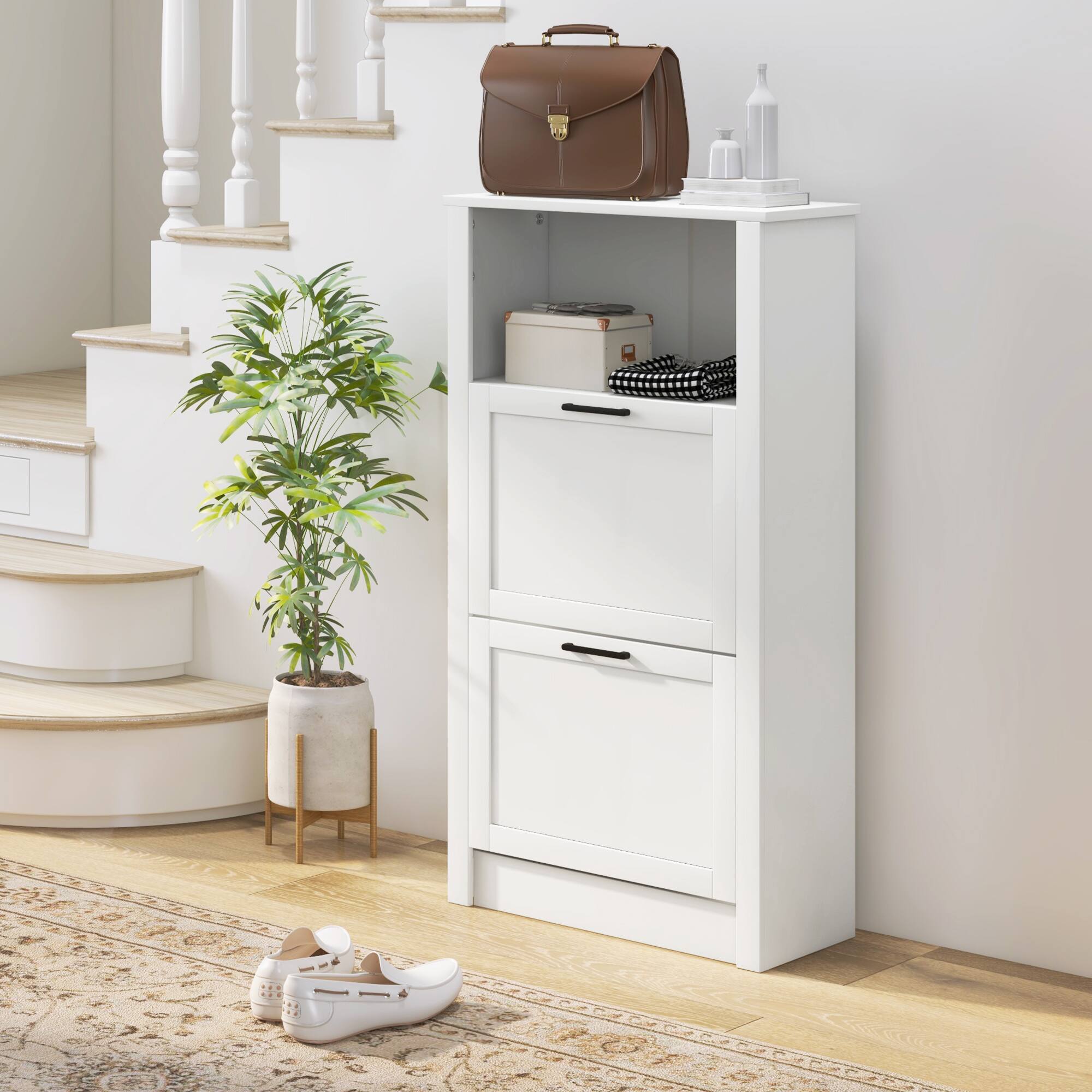 Alt View 1. Homcom - Freestanding Shoe Cabinet with 2 Flip Drawers, Adjustable Shelves & Open Compartment for 10 Pairs​​ - White.