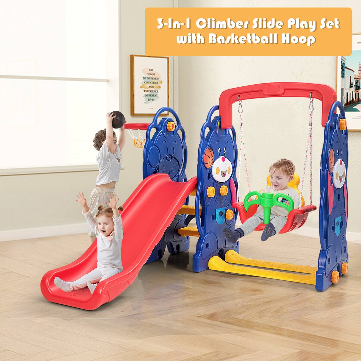 3-in-1 Climber Slide Play Set with Basketball Hoop