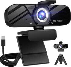 Front. Core Tech - Full HD 1080P USB-C Webcam with Built-In Microphone, Rotatable Tripod & Privacy Cover for PC and Laptop, Wide-Angle - Black.