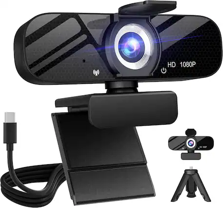 Front. Core Tech - Full HD 1080P USB-C Webcam with Built-In Microphone, Rotatable Tripod & Privacy Cover for PC and Laptop, Wide-Angle - Black.