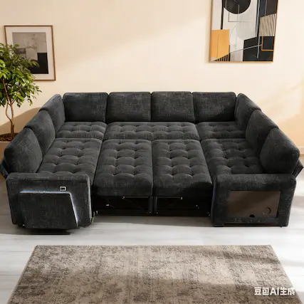 Front. Vipbear - 8 Seat U Shaped Modular Chenille Sofa, with Pull Out Bed, Reclining Backrest, Storage Seat, USB Ports, Table, LED Light - Black.