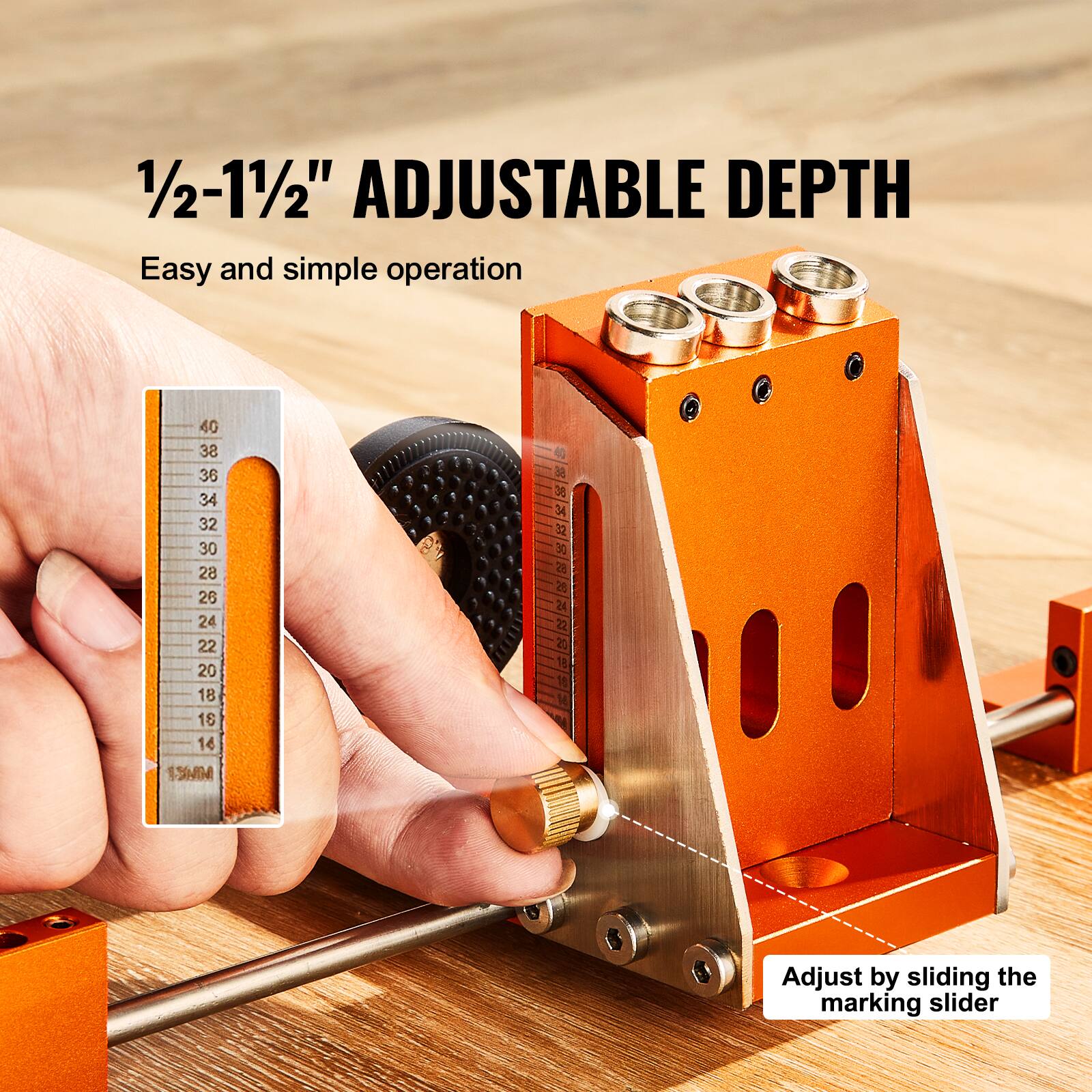 1/2-11/2" ADJUSTABLE DEPTH  
Easy and simple operation  

Adjust by sliding the marking slider