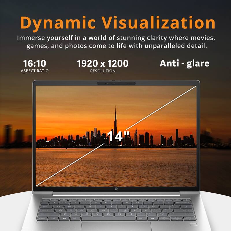 Dynamic Visualization  
Immerse yourself in a world of stunning clarity where movies, games, and photos come to life with unparalleled detail.  

16:10 ASPECT RATIO  
1920 x 1200 RESOLUTION  
Anti-glare  

14"
