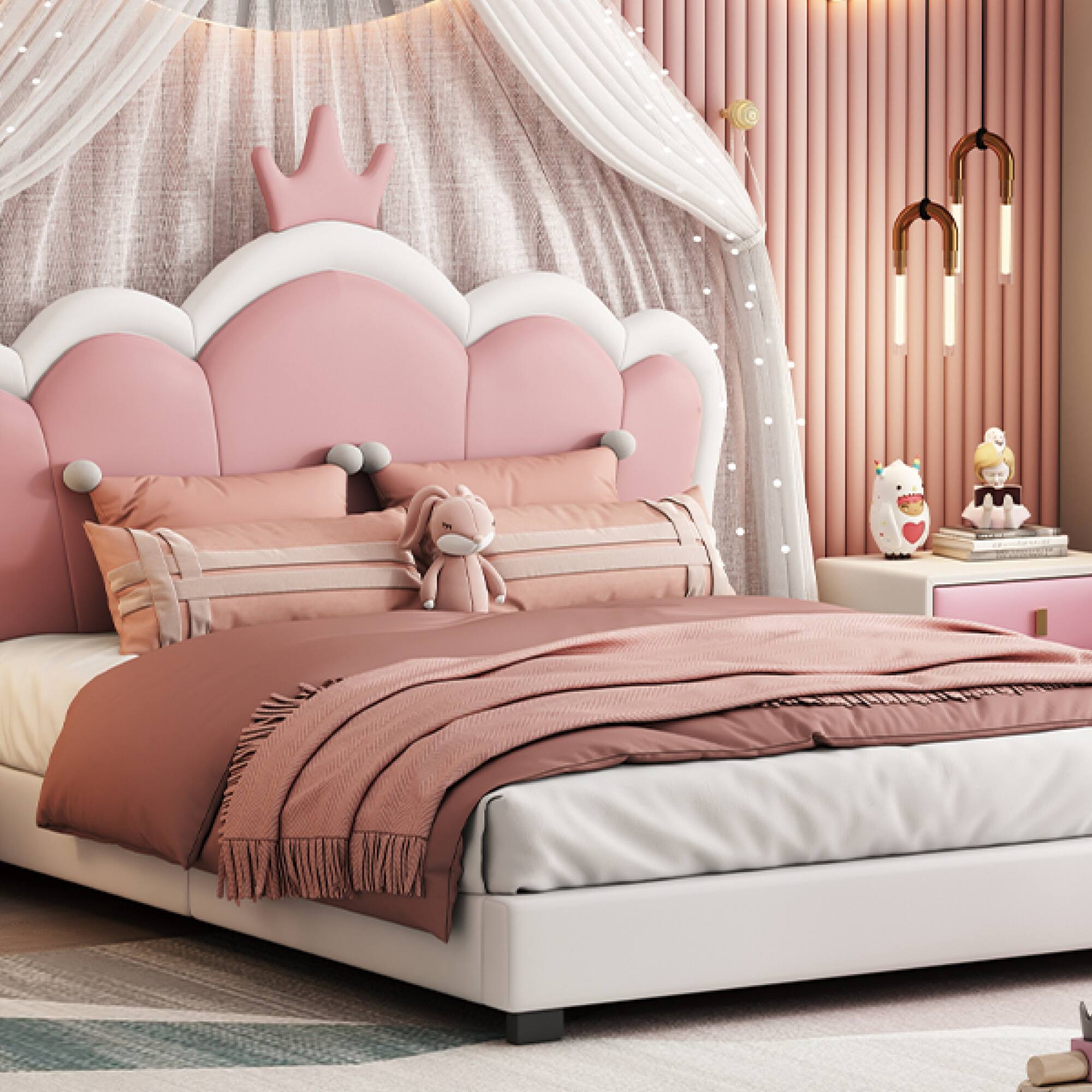 Alt View 7. GOODSILO - Full Size Upholstered Princess Bed with Crown Headboard and Footboard Platform Bed Frame - Cream.