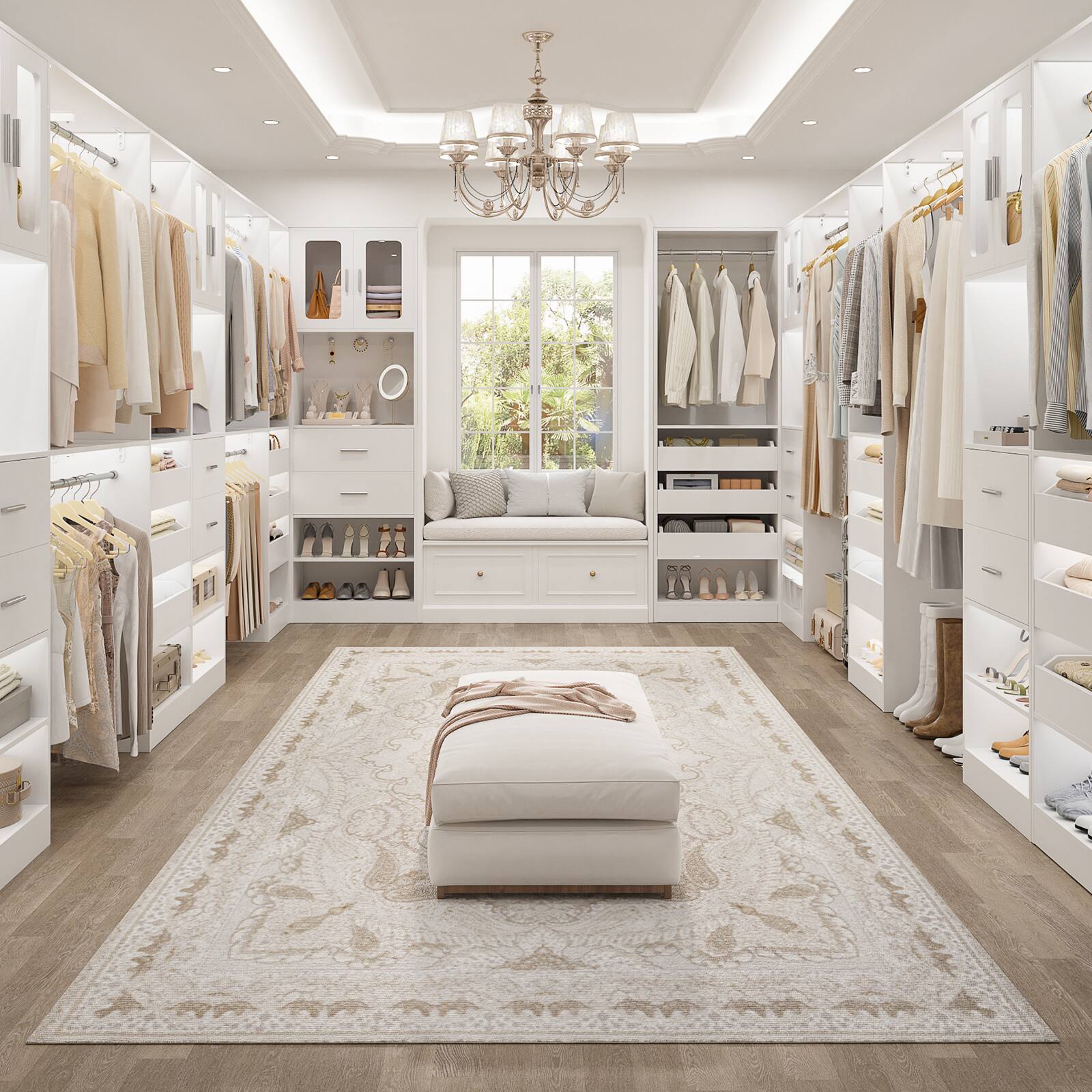 Alt View 4. Aheaplus - 120'' Closet System 2-Piece Set, 10FT Walk in Closet Organizer with 5 Drawers, 3 Hanging Rods, and Cabinet, Reversible - White.