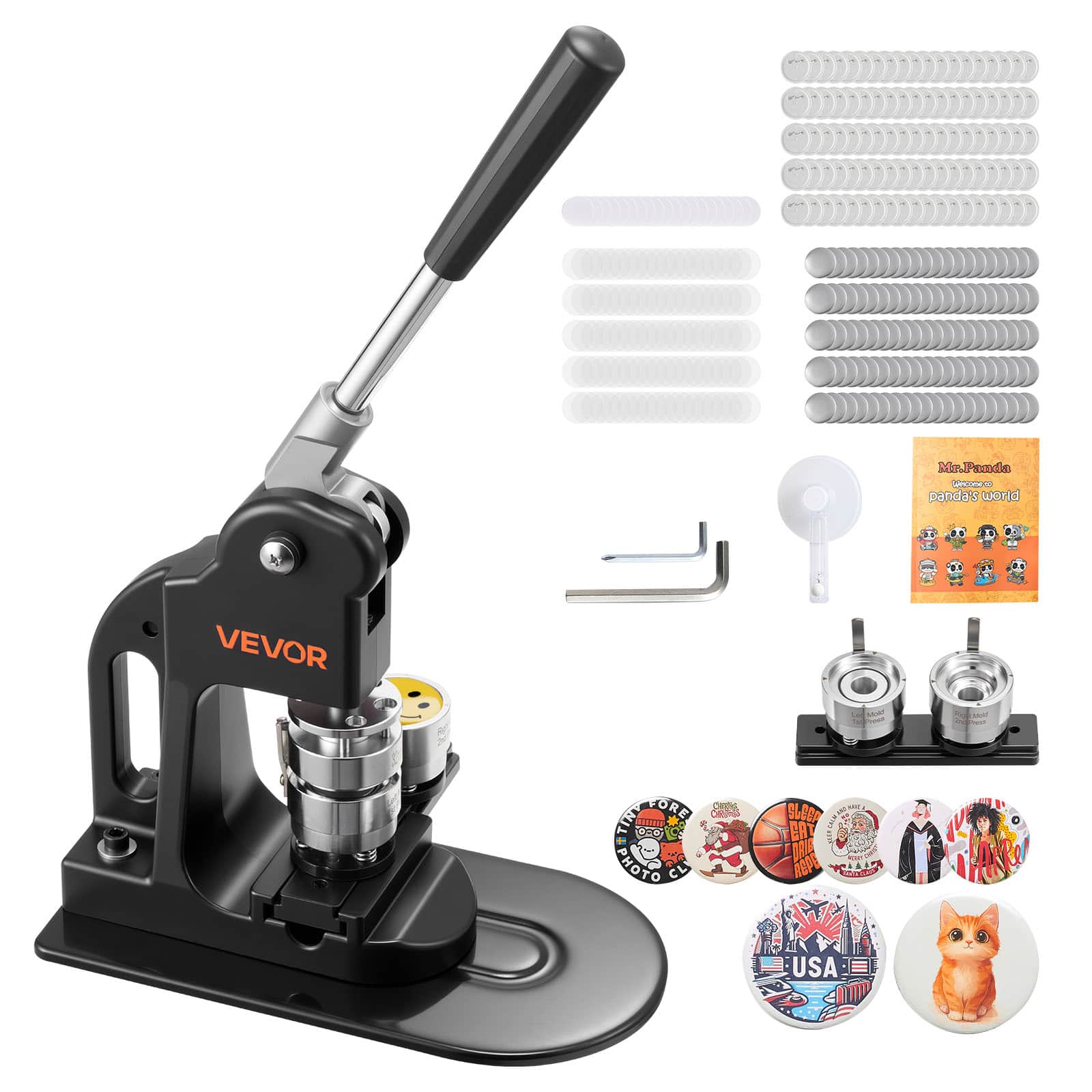 VEVOR - Button Maker Machine, 1.25 in, Pin Maker Machine with 500pcs Button Parts, Circle Cutter, Hex Wrenches and Magic Book - Black