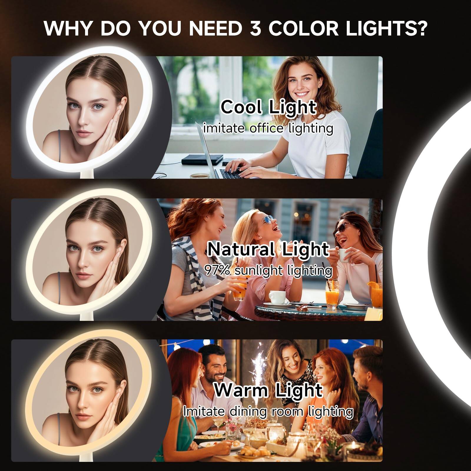 WHY DO YOU NEED 3 COLOR LIGHTS?

Cool Light  
Imitate office lighting

Natural Light  
97% sunlight lighting

Warm Light  
Imitate dining room lighting